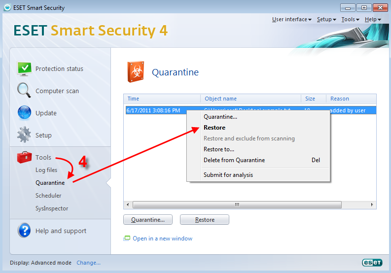 [KB2143] How do I restore a quarantined file in ESET Smart Security? (4.x)